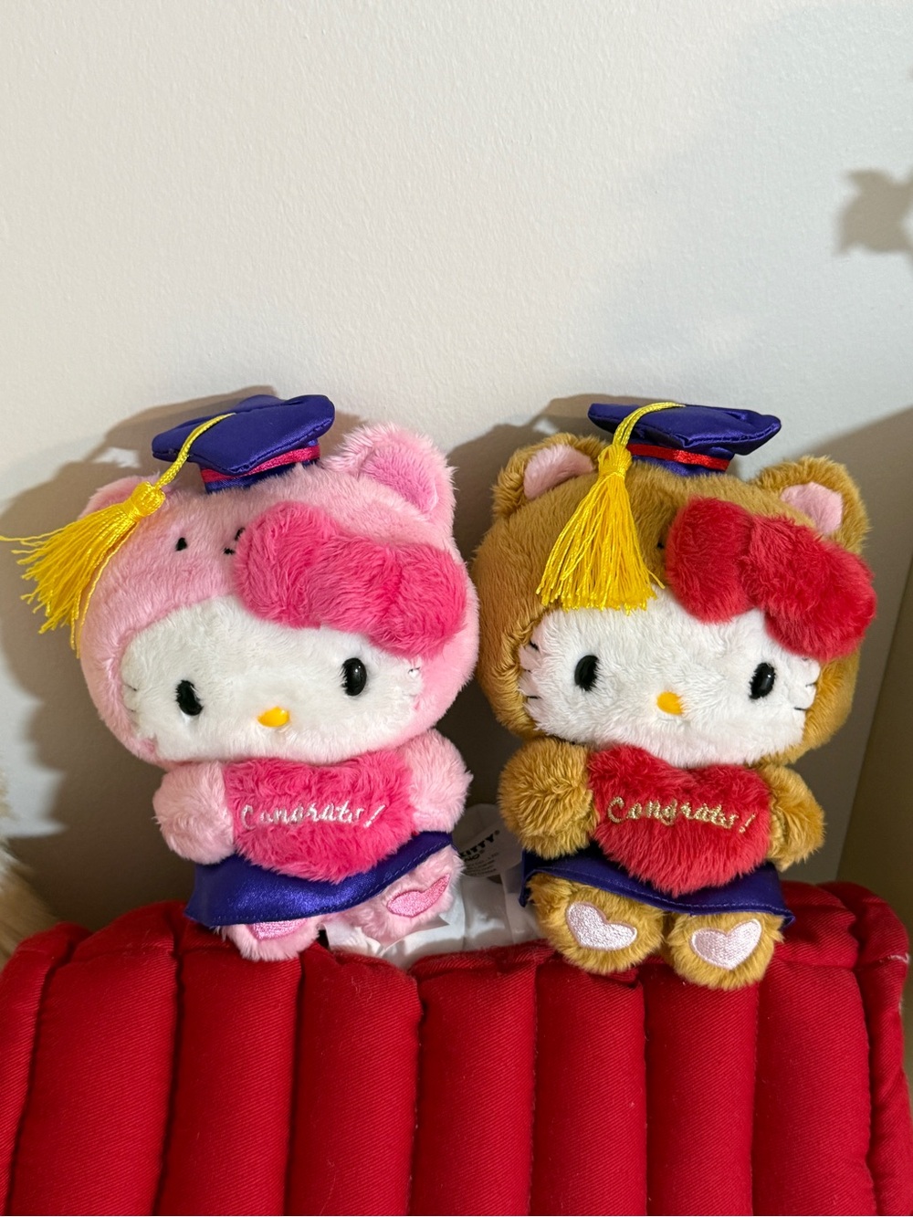 Hello Kitty Plush Graduation Pair in Pink & Brown with Red Hearts